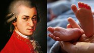 Imagem do compositor Mozart e imagem ilustrativa dos pés de um recém-nascido - Reprodução/Pixabay/ThorstenF - Reprodução/Wikimedia Commons