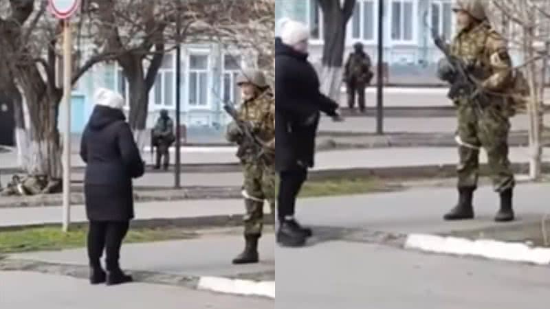 Momento em que a mulher confronta o soldado russo