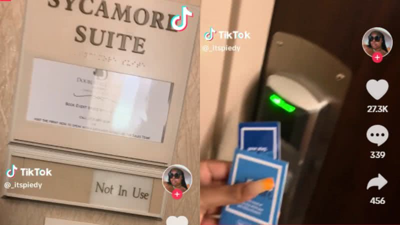 Registros do vídeo que mostra a surpresa da mulher em hotel - Reprodução/Vídeo/Tiktok/@_itspiedy