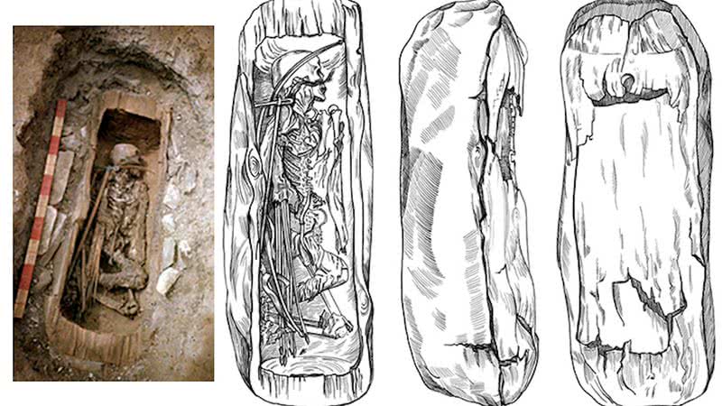 Foto da múmia e a representação dos restos quando foram encontrados - Divulgação/ Vladimir Semyonov