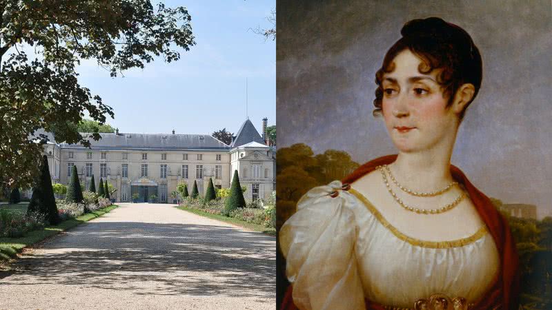 Fachada do Château de Malmaison; à direita, retrato de Josefina - Wikimedia Commons/Moonik/Jacques-Louis David