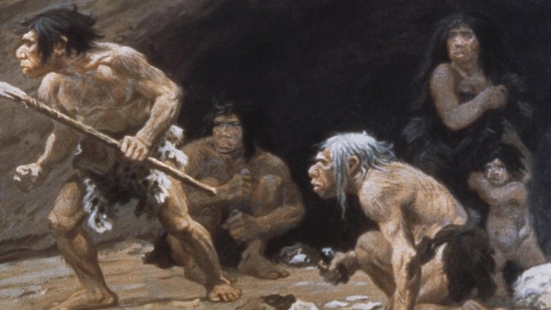 Pintura representando uma família Neandertal - Divulgação
