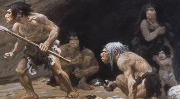 Pintura representando uma família Neandertal - Divulgação