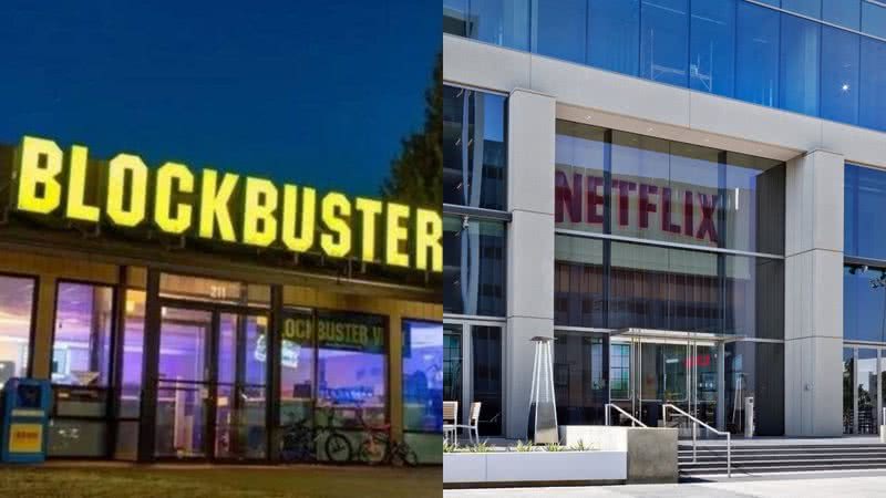 Montagem mostrando fachada da última Blockbuster do mundo, e fachada de escritório da Netflix em Los Angeles