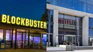 Montagem mostrando fachada da última Blockbuster do mundo, e fachada de escritório da Netflix em Los Angeles - Divulgação/Airbnb/ Netflix