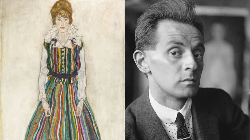 Foto de 'Retrato da esposa do artista, Edith' (à esqu.) e foto de Egon Schiele (à dir.) - Domínio Público via Wikimedia Commons