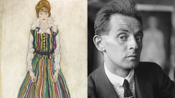 Foto de 'Retrato da esposa do artista, Edith' (à esqu.) e foto de Egon Schiele (à dir.) - Domínio público