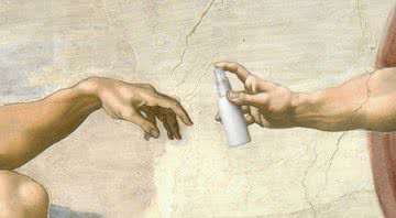 Releitura da obra A Criação de Adão, de Michelangelo, com álcool em gel - Divulgação/Ministério da Cultura e Política de Informação da Ucrânia