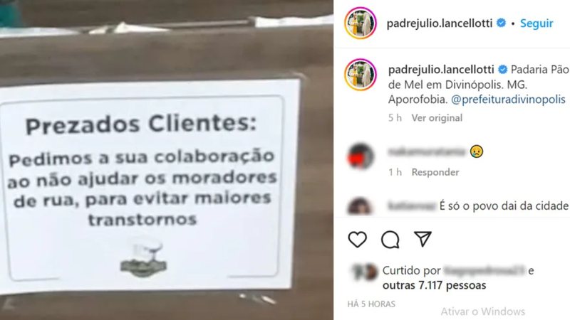 Postagem do Padre Júlio Lancellotti que mostra a placa colocada na padaria, em Minas Gerais - Reprodução/Instagram/PadreJulioLancelotti