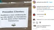 Postagem do Padre Júlio Lancellotti que mostra a placa colocada na padaria, em Minas Gerais - Reprodução/Instagram/PadreJulioLancelotti