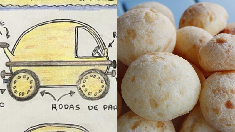 À esquerda, projeto do carro da equipe mineira e à direita, imagem ilustrativa de pão de queijo - Reprodução/Redbull e foto de craveiro6, via Pixabay