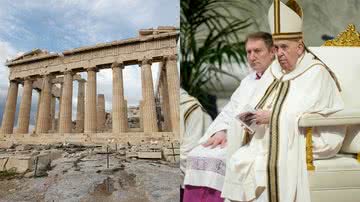 À esquerda, o Parthenon, na Grécia, e, à direita, o papa Francisco - Getty Images