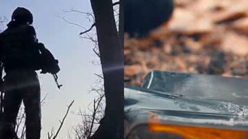 Á esquerda imagem de soldado e à direita imagem ilustrativa de pá utilizada como arma - Reprodução / Vídeo