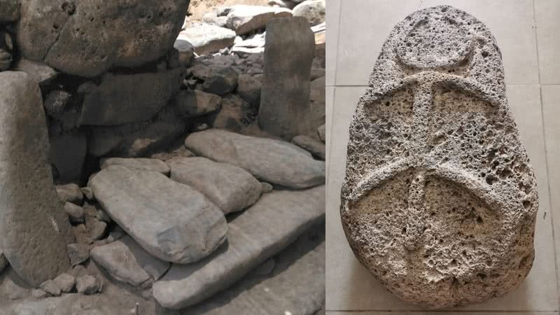 Local onde a pedra foi descoberta e a imagem do Deus da Lua, respectivamente - Divulgação/Bethsaida