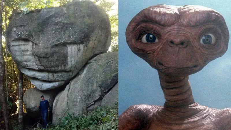 Montagem mostrando pedra do E.T., e trecho do filme sobre o personagem - Divulgação/ Redes Sociais/ Arquivo Pessoal/ Universal Studios