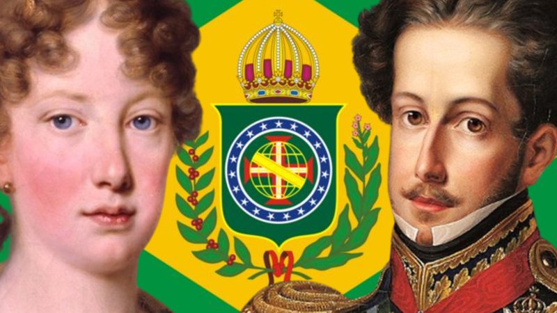 Imagem mostra a bandeira do Brasil e os imperadores Dom Pedro I e Leopoldina - Domínio Público