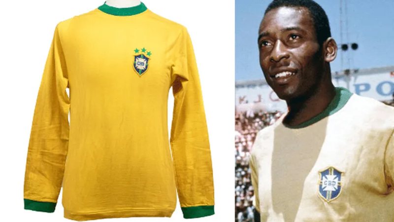 Camisa da seleção brasileira feita para Pelé em sua partida de despedida, em 1971 - Divulgação/Hansons