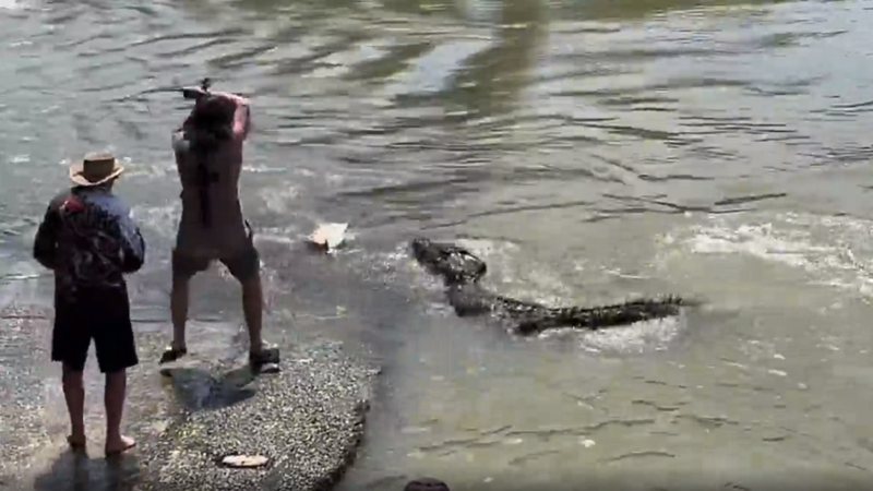 Pescador disputa peixe com crocodilo