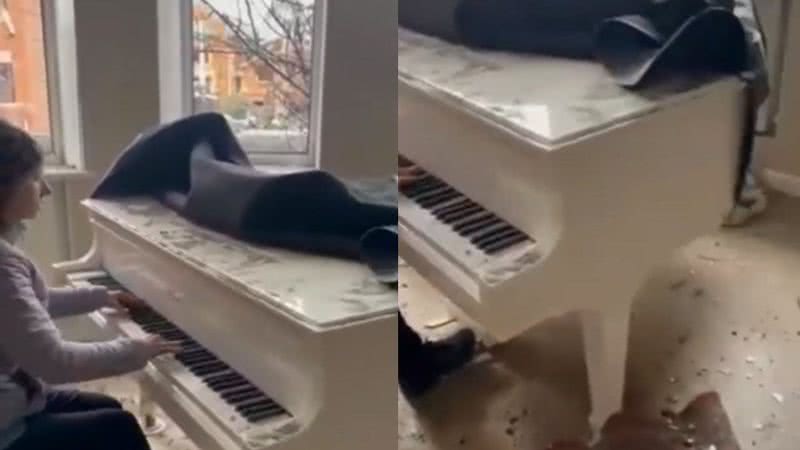 Irina Maniukina tocando piano em sua casa destruída