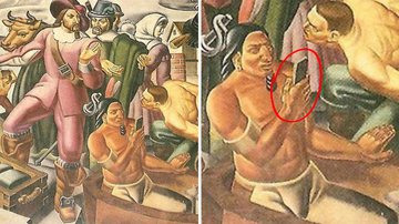 Montagem mostrando a pintura "Sr. Pynchon e a colonização de Springfield" (1937) - Divulgação/ United States Postal Service