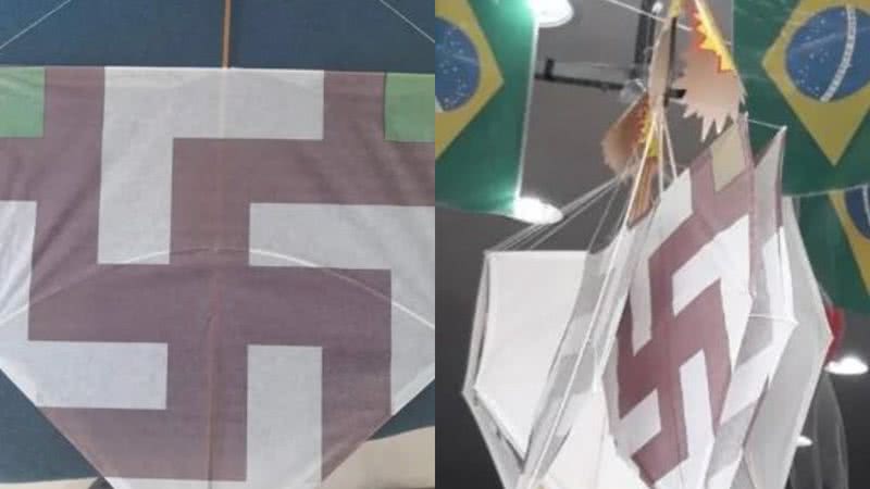 Á esquerda, imagem de uma pipa com símbolo nazista e, à direita, imagem de pipas colocadas à venda na loja - Reprodução / Vídeo / G1