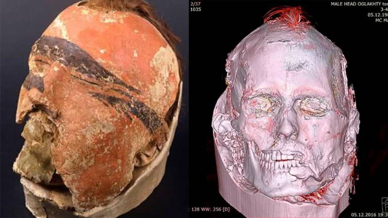 A cabeça com máscara analisada (à esq.) e o escaneamento digital (à dir.) - Divulgação - The State Hermitage Museum