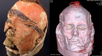 A cabeça com máscara analisada (à esq.) e o escaneamento digital (à dir.) - Divulgação - The State Hermitage Museum