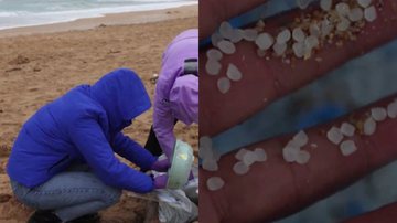 Voluntários nas praias da Espanha (esq.) e os "pellets” encontrados na região (dir.) - Reprodução/Vídeo/Redes Sociais/X/@CGTNEuropebreak