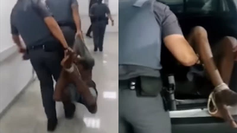 Imagens do homem sendo carregado pela polícia com membros amarrados - Reprodução/Vídeo/YouTube