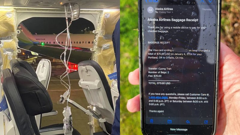 Imagem da aeronave sem a porta (esq.) e do celular encontrado (dir.) - Reprodução/Redes Sociais/X/@SeanSafyre/@Kyrinker