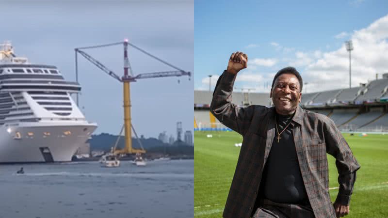 Porto de Santos e Pelé, respectivamente - Reprodução/Vídeo/YouTube/ MSC Emanoel - Cruise Life e Getty Images