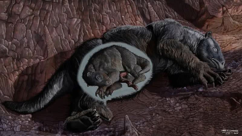 Representação da preguiça-gigante e seu filhote - Divulgação