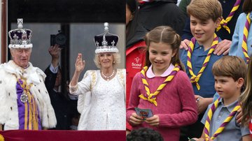 Rei Charles III e Rainha Camilla (esq.) e os netos George, Charlotte e Louis (dir.) - Getty Images