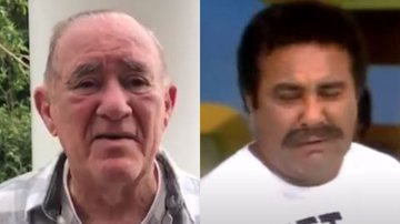Á direita imagem de Renato Aragão em vídeo e, à esquerda, imagem de Roberto Guilherme como Sargento Pincel - Reprodução / Vídeo / G1 e Reprodução / Vídeo / Youtube