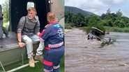 Mike Turner após o resgate (esq.) e seu veículo parcialmente submerso no rio Komati (dir.) - Divulgação/Força Nacional de Defesa da África do Sul/Pottie Potgieter
