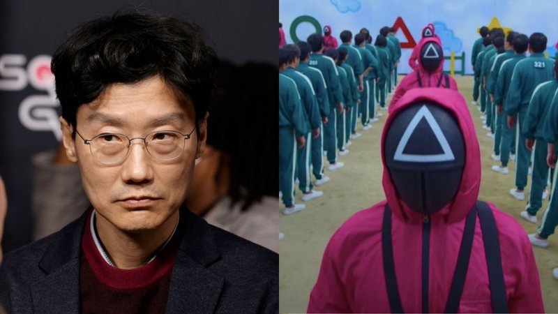 Hwang Dong-hyuk, diretor, e cena de Round 6 (2021) - Getty Images/Divulgação/Netflix