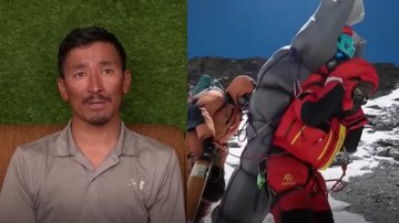 Sherpa que decidiu fazer o resgate, e imagem que o mostra carregando o alpinista em apuros nas costas - Divulgação/ Vídeo/ The Guardian