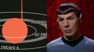 À esquerda uma ilustração do suposto planeta Vulcano, e, à direita, o personagem Spock - Domínio Público e Divulgação / Paramount Pictures