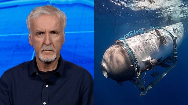 Cameron durante entrevista e foto do submersível Titan - Reprodução/Vídeo e Divulgação OceanGate