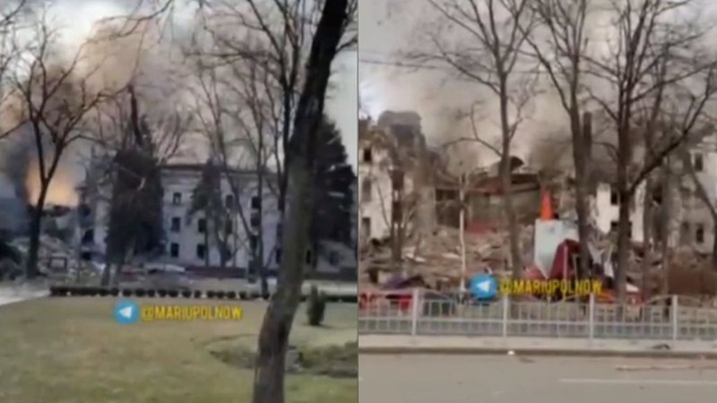O teatro destruído em Mariupol, na Ucrânia