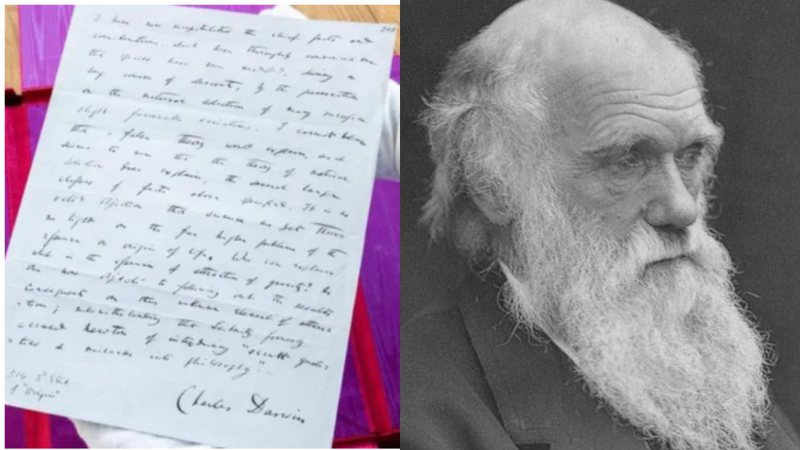 lado esquerdo: Texto manuscrito de Charles Darwin, lado direito: o britânico, Charles Darwin. - Divulgação/Sotheby’s e Wikimedia Commons