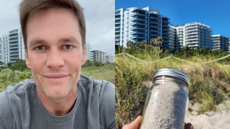 Tom Brady (à esqu.) e o pote com a areia (à dir.) - Reprodução/Vídeo e Divulgação