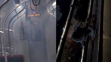 Montagem mostrando a fumaça no vagão do trem e o dano causado pelo raio ao pantógrafo - Reprodução/Twitter/@cosmicminzy/27.04.23 e Divulgação/ViaMobilidade