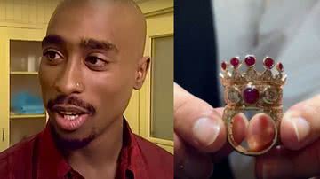 Montagem mostrando Tupac Shakur à esquerda e seu anel à direita - Divulgação/ Youtube/ Emsnightmare e Divulgação/ Vídeo/ New York Post