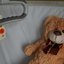 Imagem de um urso de pelúcia em uma cama de hospital