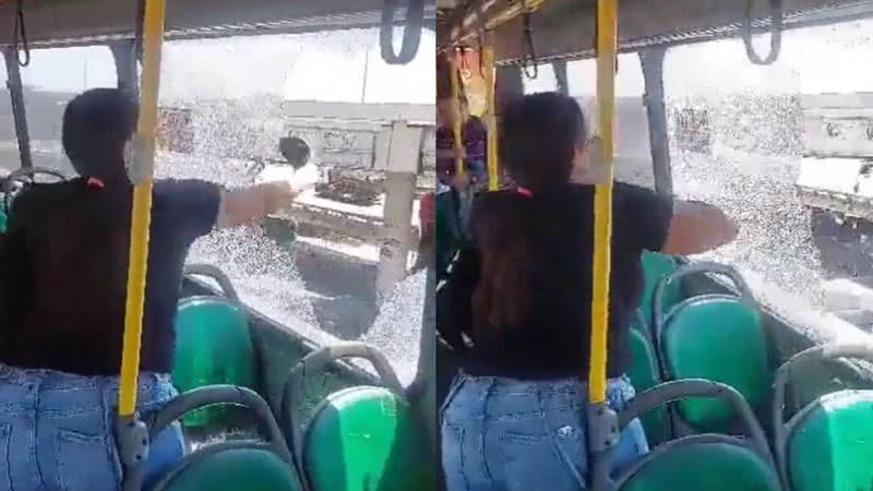 Imagens do momento em que a passageira quebra a janela do ônibus - Reprodução/Vídeo/X/@AlertaRio24hrs