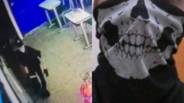 Agressor em sala de aula de escola em SP (esq.) e balaclava com desenho de caveira utilizada pelo autor do massacre de Suzano (dir.) - Reprodução/Vídeo/Facebook