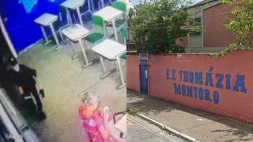 Agressor entra em sala de aula (esq.) e fachada da Escola Estadual Thomazia Montoro, em São Paulo (dir.) - Reprodução/Vídeo/GoogleStreetView