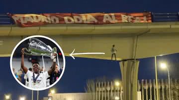 Boneco de Vinícius Júnior sendo enforcado em ponte na Espanha - Reprodução e Getty Images