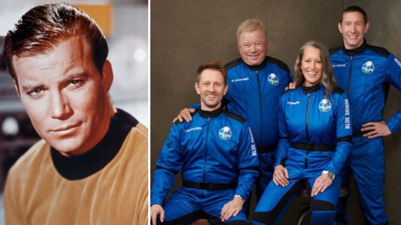 Montagem mostrando Capitão Kirk e tripulação do voo citado, em que William Shatner é o segundo da esquerda para a direita - Wikimedia Commons/ Divulgação/ Blue Origin